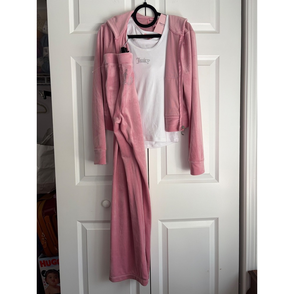 Juicy Couture Womens 3-Piece Velour Tracksuit Set Rose Pink Rhinestone Logo Sz L